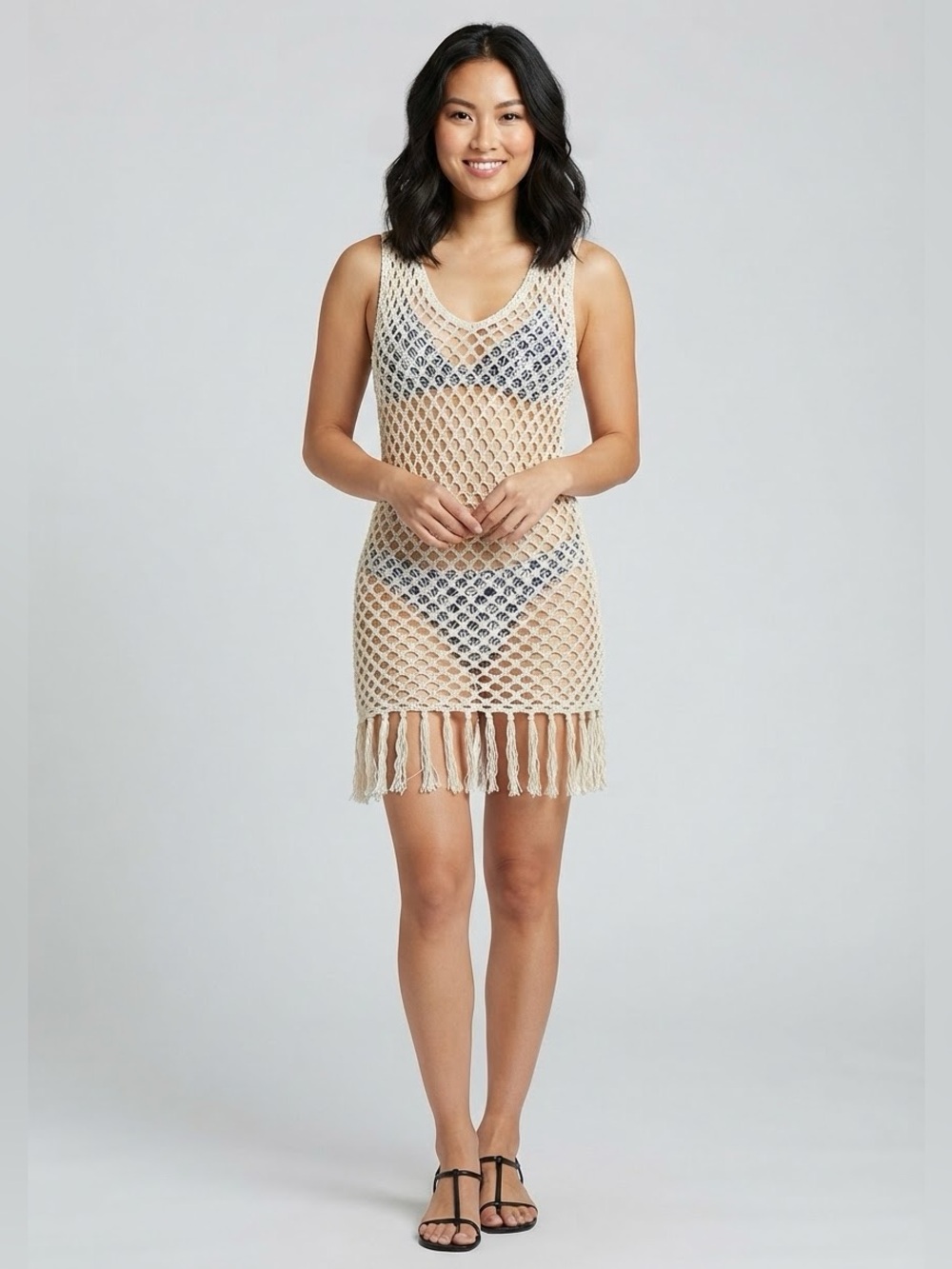 Miken Swim White Crochet Fringe Beach Cover-Up Dress